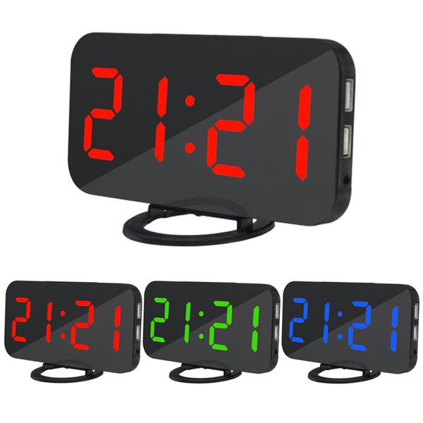 

dual usb 6.5" screen digital led clock snooze mirror electronic alarm clock time night mode red large 5v2a