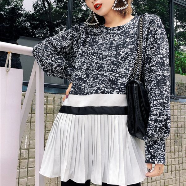 

tvvovvin round neck long-sleeved sweater stitching pleated loose woman sweater casual simple fashion 2019 autumn new f066, White;black