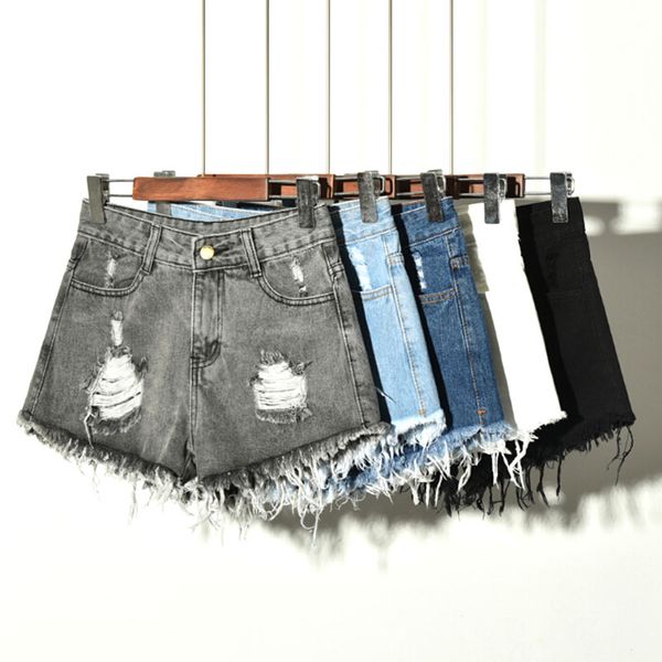 

women's fashion denim casual pockets hole burr jeans lady short pants low waist girl shorts, Blue