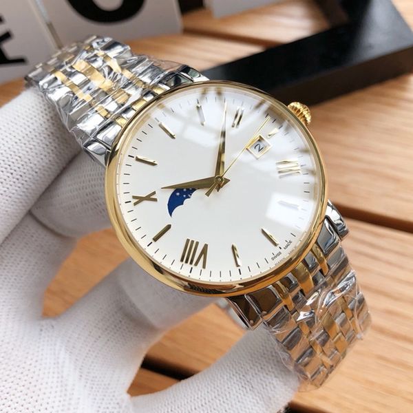 

luxury mens watch imported 8217 automatic mechanical movement real moon phase display auto date coated glass mirror 316 steel strip x615, Slivery;brown