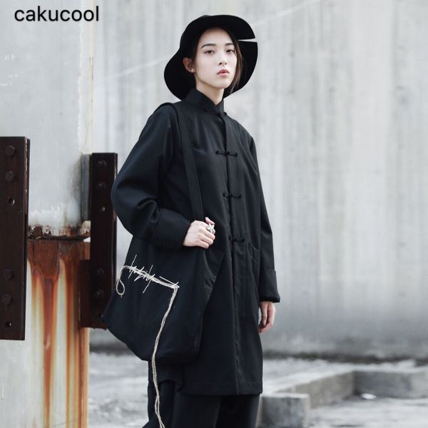 

cakucool 2019 новая весна и осень темный китайский стиль простой дизайн женский китайский костюм тан с длинными рукавами куртка с длинным па, Tan;black