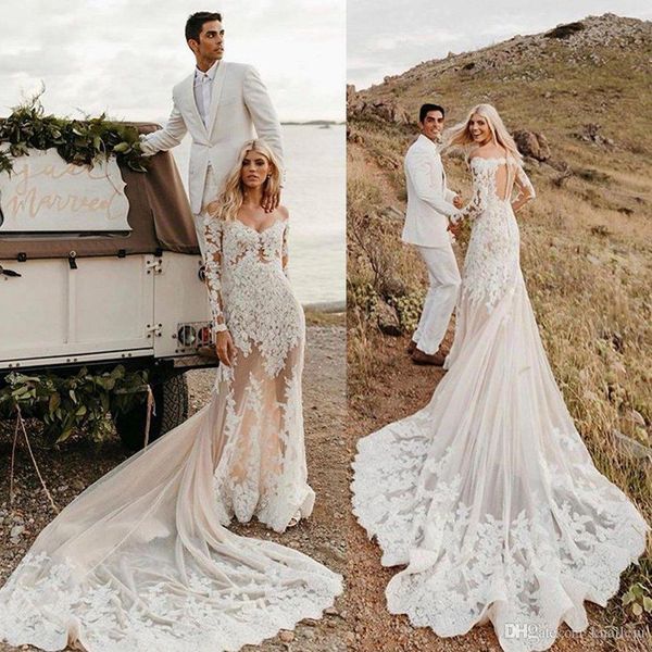 Più nuovo sirena da sposa abiti da sposa fuori spalla manica lunga tulle pizzo applique perline bottone abiti da sposa spazzano abito da sposa treno