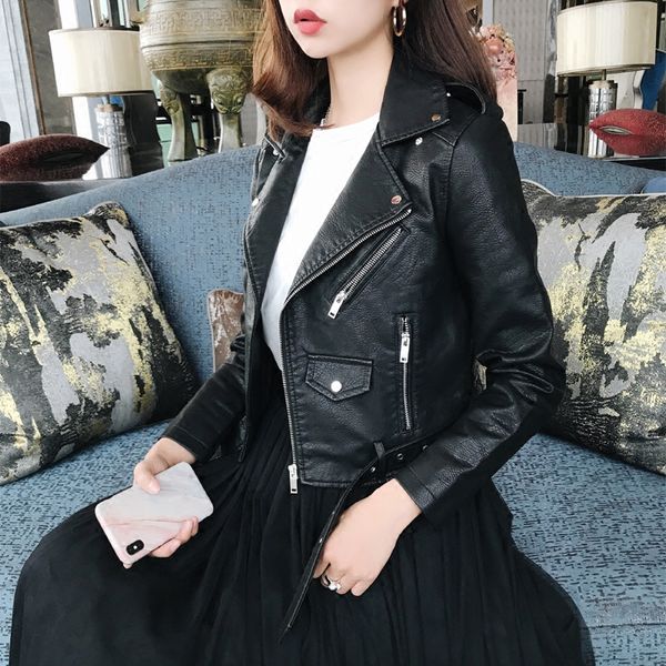 

kmetram 2019 women's leather jacket spring autumn jacket women korean short coat female pu leather biker jackets chaqueta my2297, Black