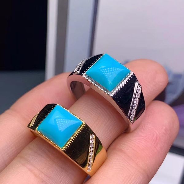 

natural blue turquoise ring for men silver jewelry masculine ring natural gem good color birthday party gift boyfriend husband, Golden;silver
