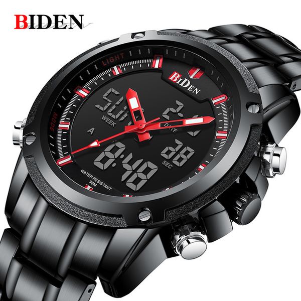 

biden men quartz watch male digital led stainless steel sport business wristwatch mens gifts, Slivery;brown