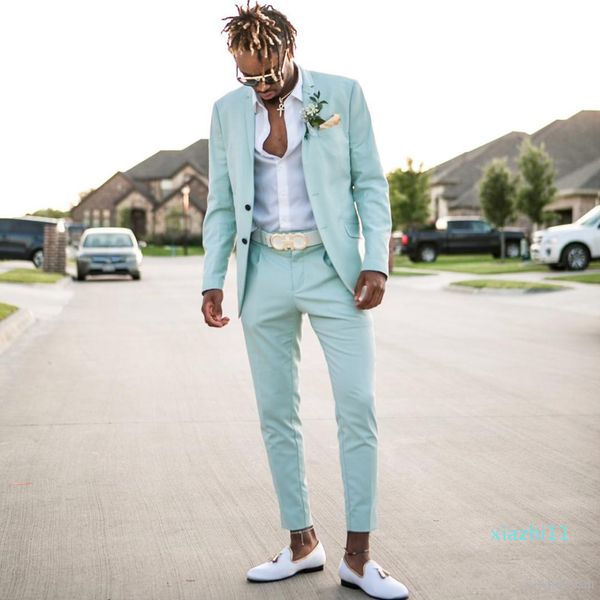 Fashion-Mint Green Mens Ternos Slim Fit Duas Peças Praia Groomsmen Smoking Smoking para Homens Peaited Lapel Formal Prom Terno (Jacket + Calças)