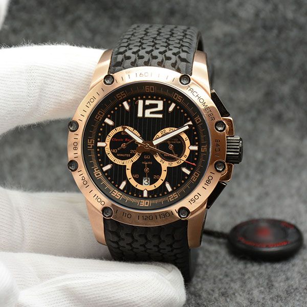 

outdoor mile migla chronograph 45.5mm quartz gold case black dial men watch sport mens watches wristwatches with fixed bezel, Slivery;brown