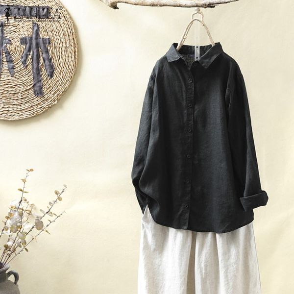 

zanzea весна женщин нагрудные шеи длинным рукавом повседневная твердые рубашка винтажный хлопок льняная блузка пуговицами женщины femininas, White