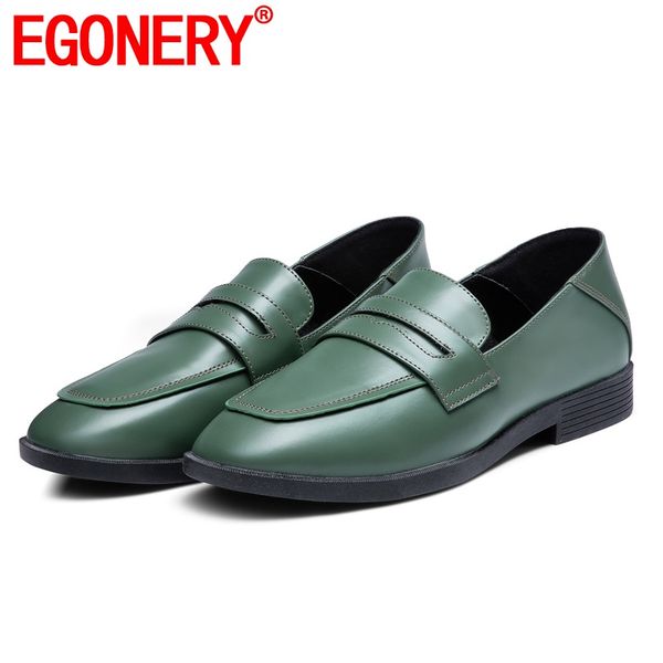

egonery leather loafers women's flats shoes green black boat shoes casual student square toe spring autumn office woman