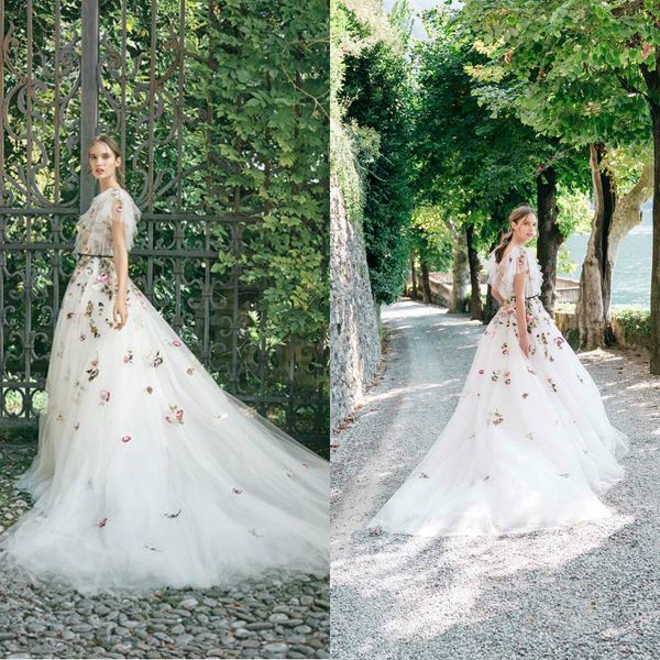 

fairy monique lhuillier wedding dresses jewel neck lace appliqued tulle a line cap sleeves beach wedding gowns custom made abiti da sposa, White