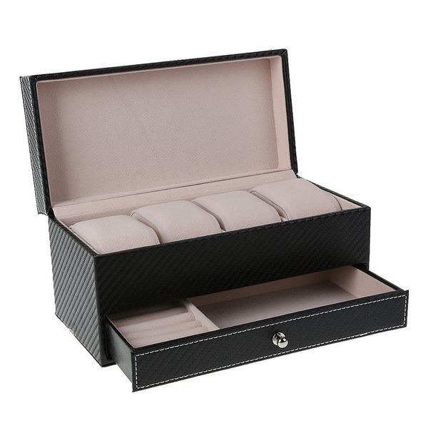 

4 compartment watch storage box drawer jewelry storage display leather square jewelry box, Black;blue