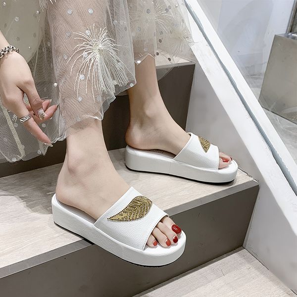 

slippers white wedge platform women open toe slides summer shoes 2021 fashion metal leaf thick sole beach, Black