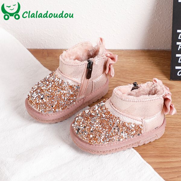 

claladoudou 11.5-15.5cm brand genuine leather bling twinkle baby girls snow boots 0-2years old infant girls princess warm shoes, Black;grey