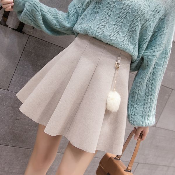 

2019 autumn winter mini pleated skirt high waist a-line gray women mini pleated skirt pendant warm school beige short, Black