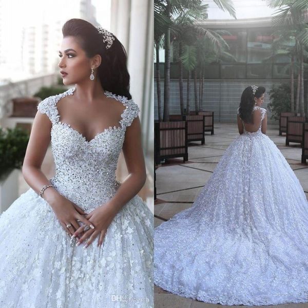 

Vestidos De Noiva 2019 Luxury Arabic Wedding Dresses Said Mahamaid Capped Sleeves Open Back Sequins Floral Cathedral Bridal Gowns