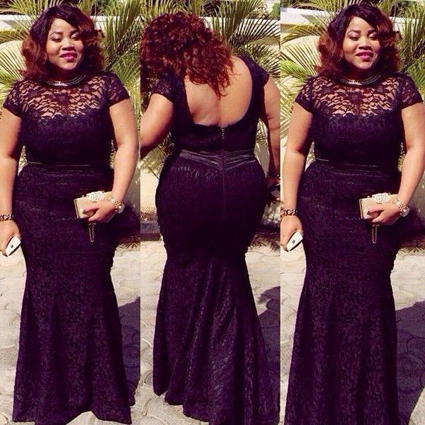 

2020 plus size evening dresses lace backless evening gowns formal aso ebi styles vestidos de fiesta special occasion prom party gowns, Black