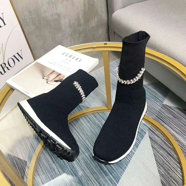 

womens black white knit stretch fabric sock booties clear rhinestones crystal embellished pull on boots