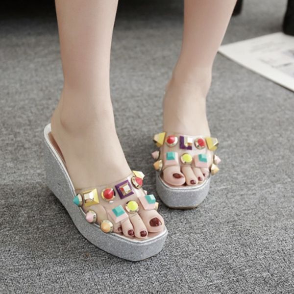 

on a wedge shoes woman 2020 woman's slippers women heels jelly slides low fashion platform new high summer transparent, Black