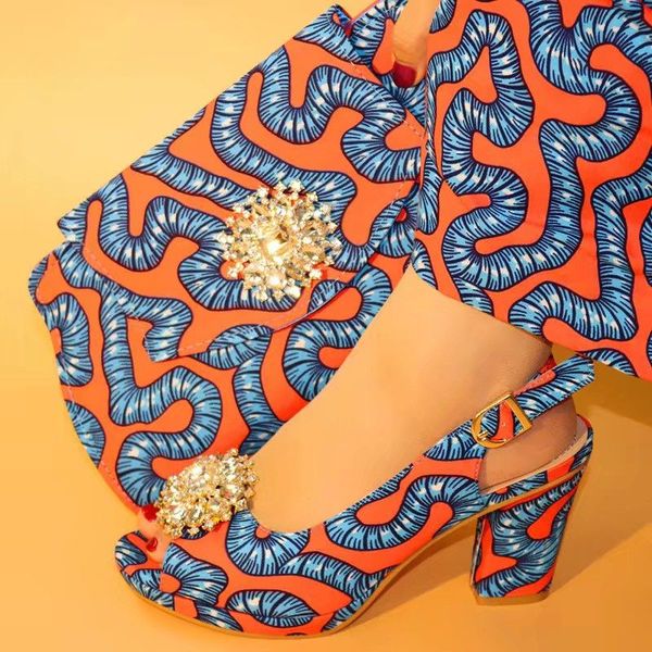 

fashionable orange women pumps with crystal style african blue printed wax pattern dress shoes match handbag set v242-8,heel 7cm