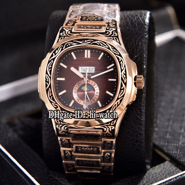 

nautilus 5726 automatic moon phase mens watch cnc engraving punk rose gold brown texture dial stick markers steel bracelet puretime h03b2, Slivery;brown
