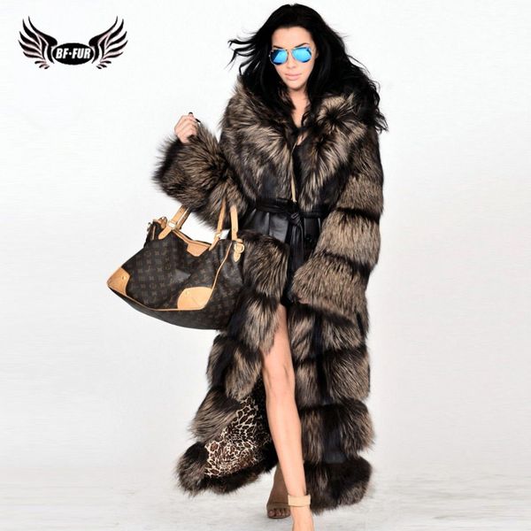 

bffur real fur coat whole skin casual thick warm with raccoon dog fur collar winter women's park with natural, Black