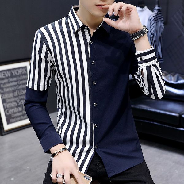 

2020 men's striped stitching long-sleeved shirt youth autumn new fashion cool color matching shirt, White;black