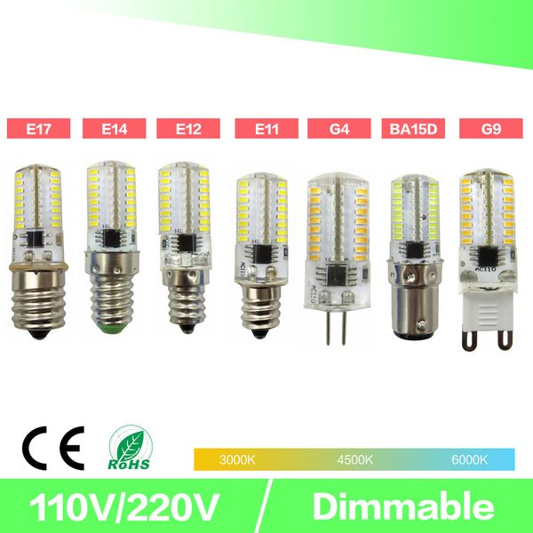 

dimming led mini bulb crystal clear silicone corn light 3014 smd 64 led ac220v / ac110v for chandelier crystal light e14 g9 g4