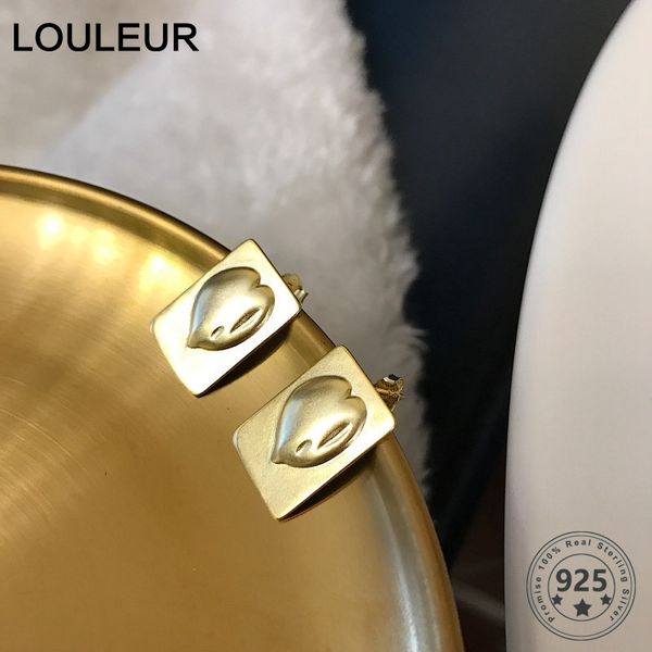 

louleur real 925 silver square heart earrings personality wide earrings for women fashion jewelry girl gifts, Golden;silver
