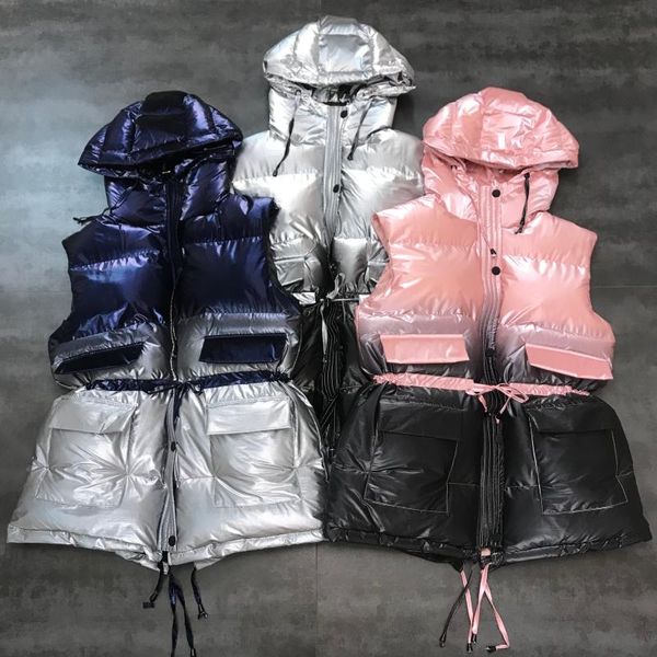 

2019 winter new space glossy gradient drawstring waist hooded cotton vest vest jacket female, Black;white