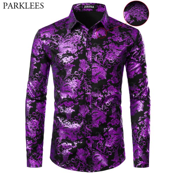 

purple paisley floral print shirt men luxury design slim fit long sleeve mens dress shirts nightclub party wedding prom chemise, White;black