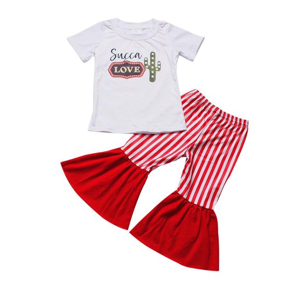 

summer baby girls clothing short sleeve cactus print red stripe bell bottom pants boutique outfit, White
