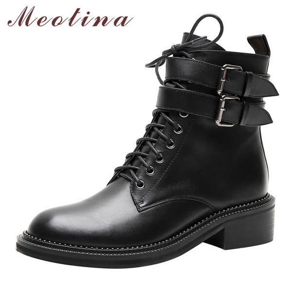 

meotina autumn motorcycle boots women natural genuine leather buckle flat ankle boots punk rivets zipper shoes female size 34-39 t200425, Black