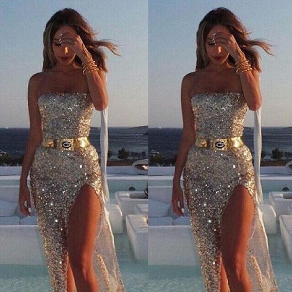 

strapless sequin split dresses women luxury evening cocktail formal prom party runway dress women clothes, Black