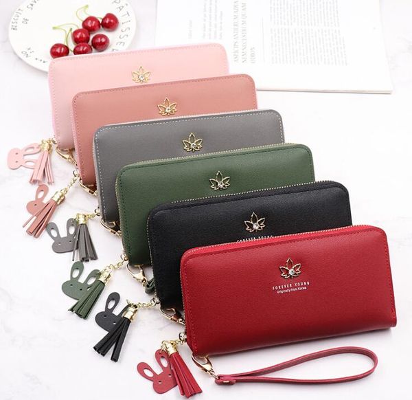 

dhl50pcs wallet women pu leave decoration multifunctional large capacity long card holder wallet, Red;black