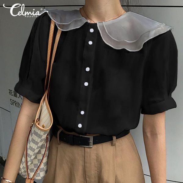 

womens blouses chiffon celmia summer fashion vintage mesh sheer see through laple casual shirts short sleeve blusas s-5xl, White