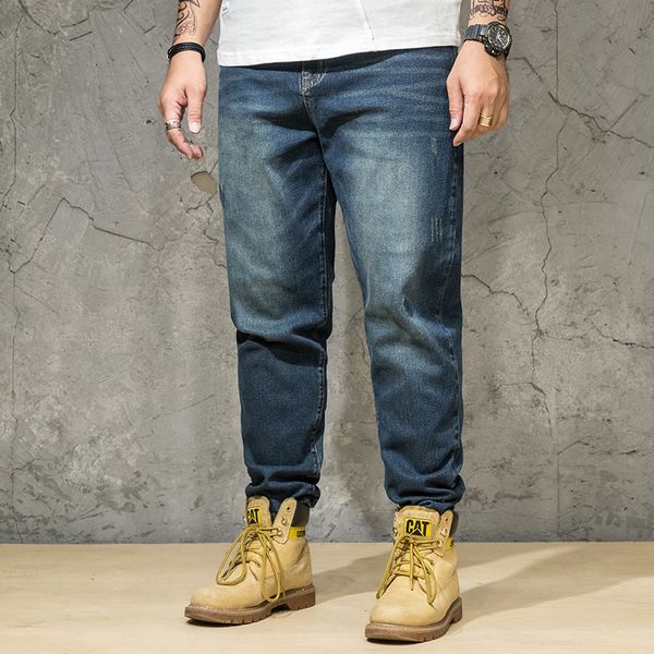 

men's blue embroidery denim pants distressed loose harem ripped jeans plus size