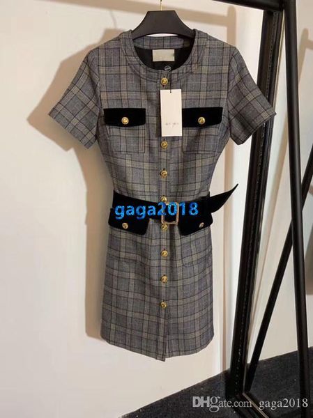 

high end женщины девушки рубашка платье старинные клетчатые плед мотив пэчворк однобортный короткие рукава пояс короткая юбка мода роскошные, Black