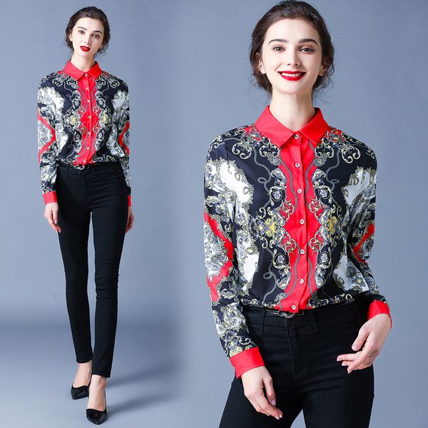 

luxury fashion baroque print shirts women long sleeve lapel neck runway ladies elegant shirt blouses slim office designer button shirts, White