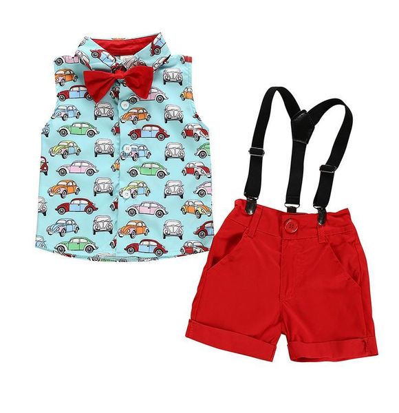 

baby clothes sleeveless cartoon car print shirt +strap shorts summer baby sets, White