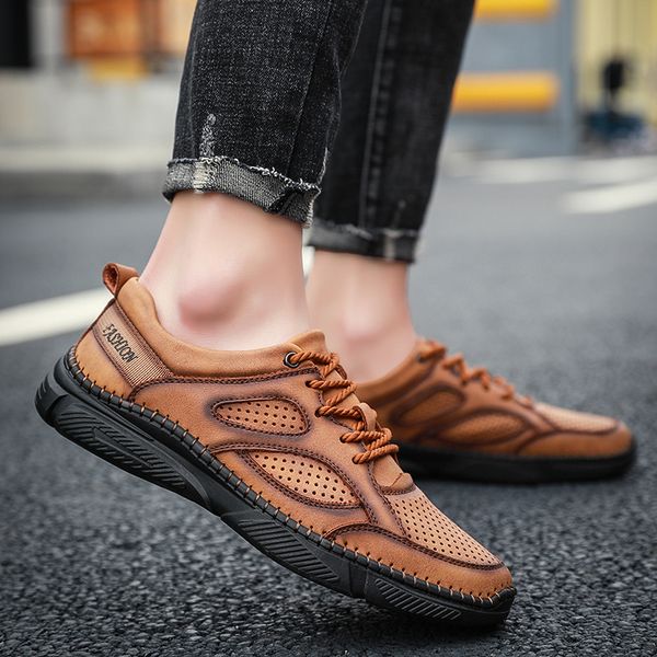 

hiking shoes light handmade genuine leather men comfortable leisure flat sneaker breathable non-slip wear-resistant