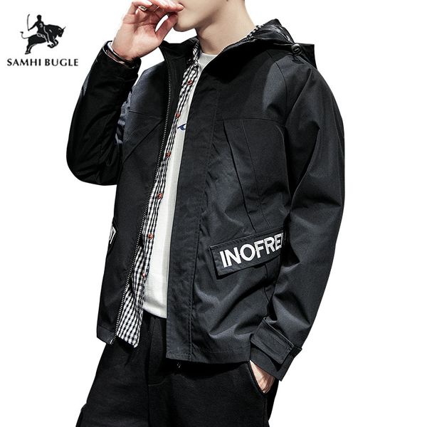 

hip hop mens hooded windbreaker jacket spring 2019 casual fashion letter print block loose track hoodie jacket coats streetwear, Black;brown