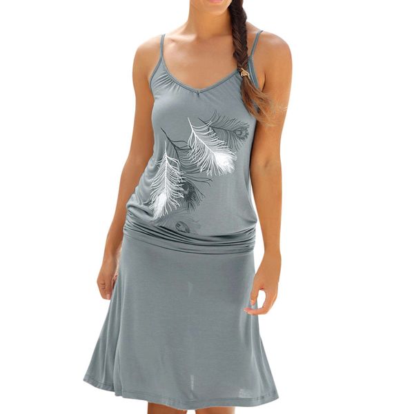 

2019 new fashion women casual feather printed sleeveless maxi party cocktail beach dress beach sundress vestido zanzea trendyol, Black;gray