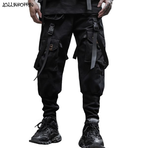 

punk men casual cargo pants darkness mens biker pants drawstring elastic waist 2020 new multi-pockets man jogger, Black
