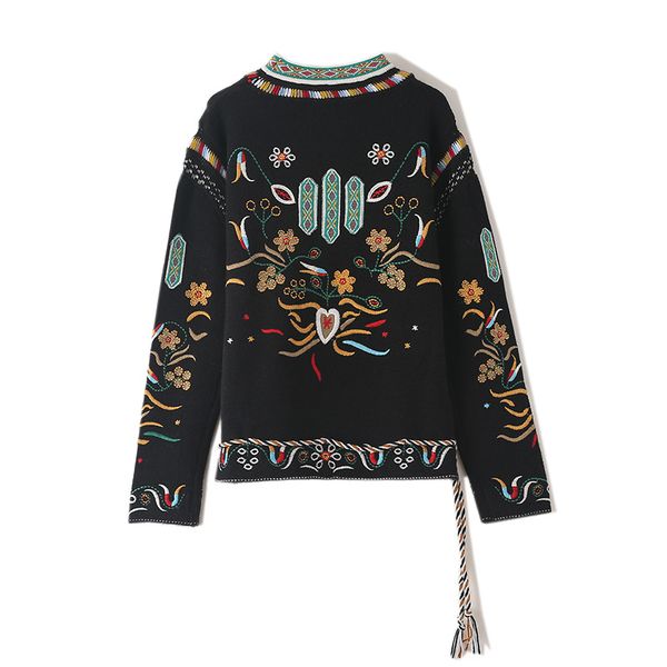 

2019 new women embroidery sweater female retro ethnic style three-dimensional jacquard half-high collar drawstring lace sweater size s-l, White;black