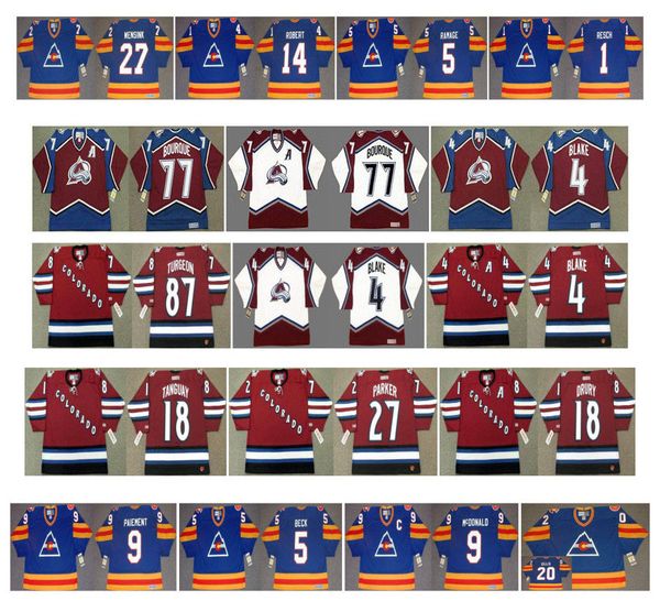 

vintage colorado avalanche jerseys 27 john wensink 14 rene robert 5 rob ramage 1 glenn resch 9 lanny mcdonald 9 wilf paiemen retro hockey, Black;red
