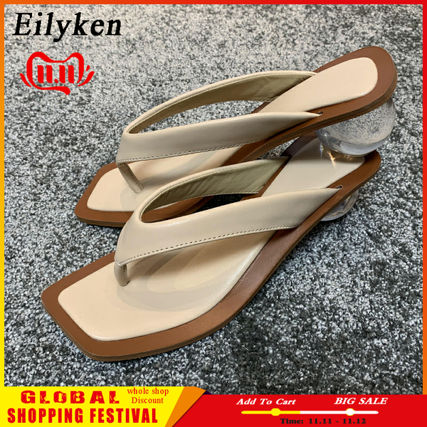 

eilyken 2020 summer flip flops slippers clear transparent med heel slides fashion round ball heel slipper for party shoes women, Black