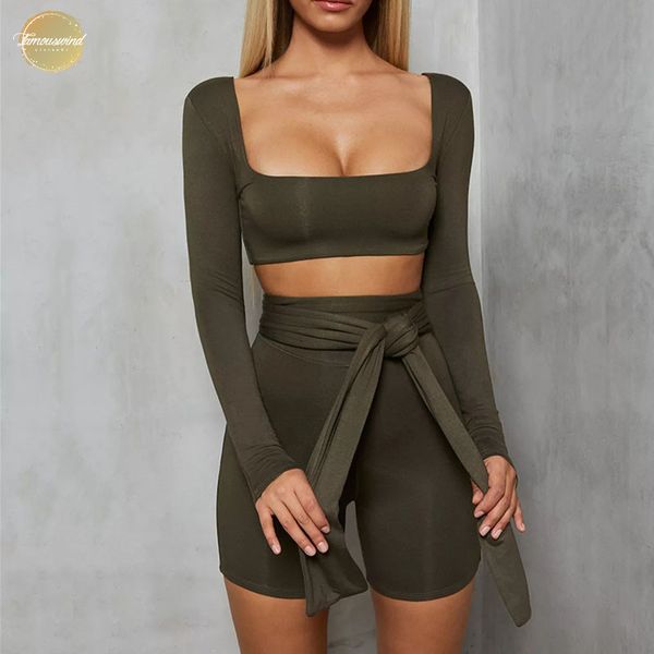 

autumn long sleeve two piece set women square collar drawstring crop and backless set shorts casual women, Gray
