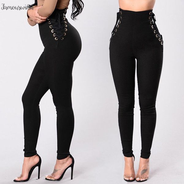 

брюки фитнесс stretch высокой талии тонкий вскользь lace up одежда бинты брюки женские одежда женские брюки, Black;white