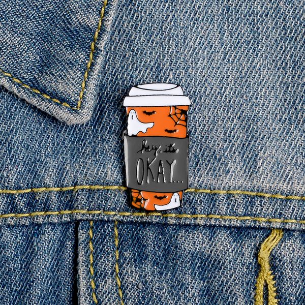 

coffee cup okay pins spider web bat enamel pins and brooches badges bag clothes lapel pins jewelry gifts for friends, Gray