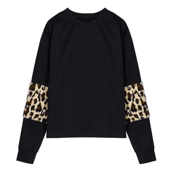 

fashion women o-neck long sleeve leopard patchwork sleeve sweatshirt tee patchwork autumn pullover female leopard jumper, Black